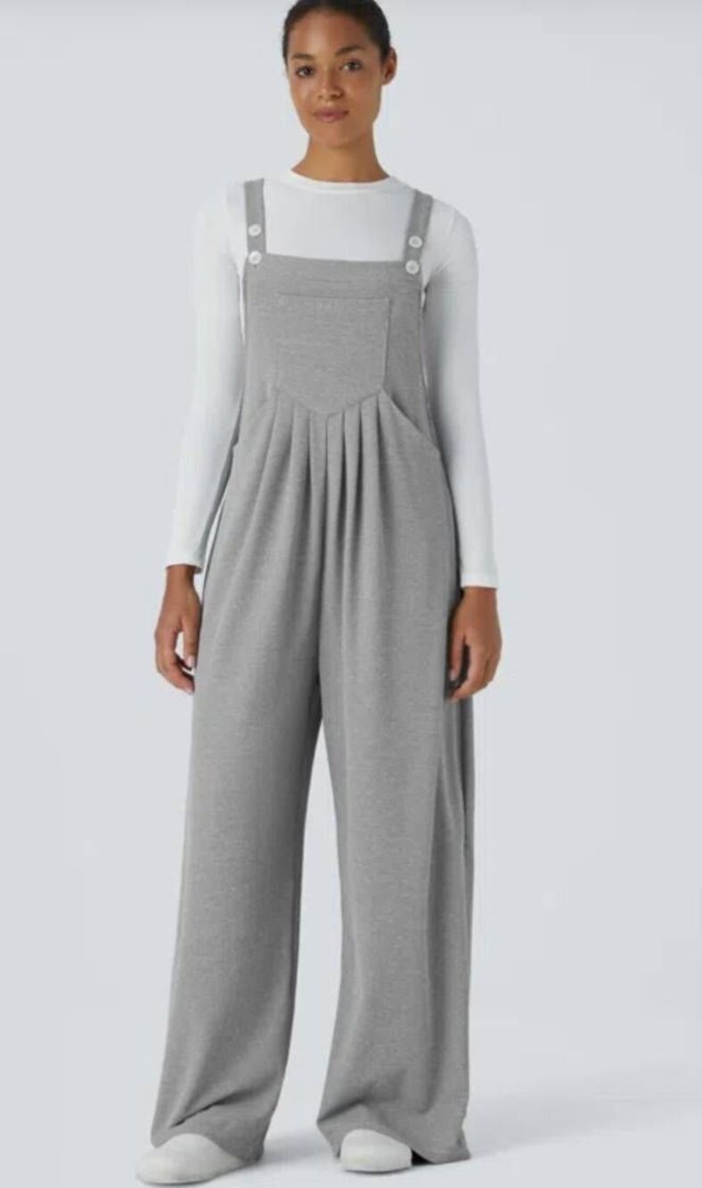 D68 Shein Waffle weave gray casual 4 pocket soft pleated overall jumpsuit sz Lg